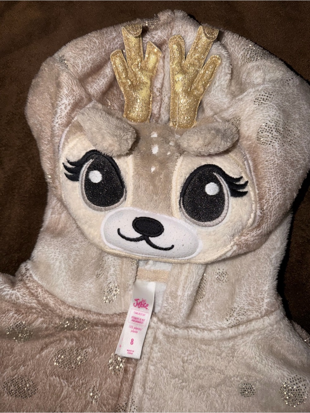 Justice Beige Deer Plush Hooded Onesie with Gold Antlers #costume